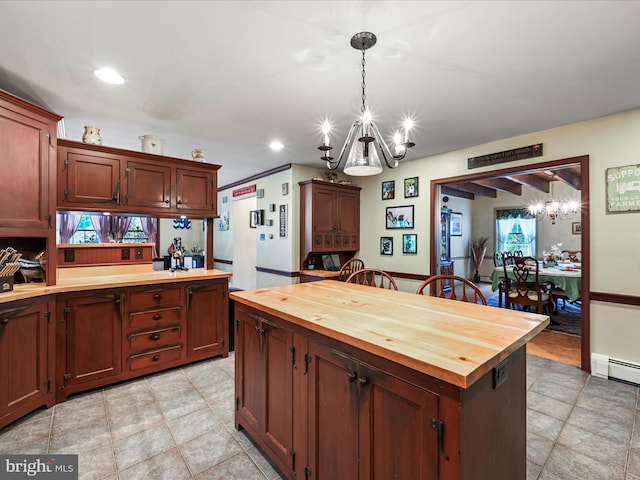 3622 Pricetown Rd, Fleetwood, PA 19522 - kitchen with a chandelier, butcher block counters, decorative light fixtures, recessed lighting, and a center island