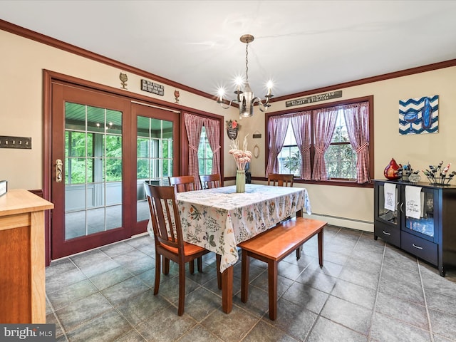 3622 Pricetown Rd, Fleetwood, PA 19522 - dining space with a chandelier, a baseboard heating unit, crown molding, and baseboards