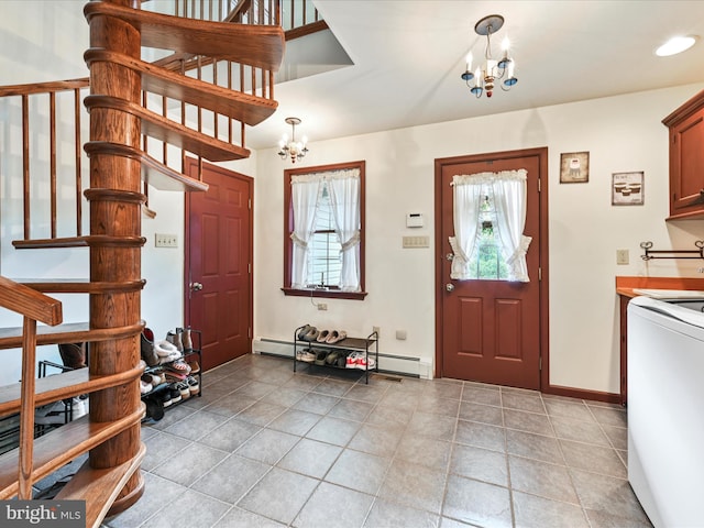 3622 Pricetown Rd, Fleetwood, PA 19522 - foyer with a chandelier, a baseboard heating unit, stairs, and baseboards