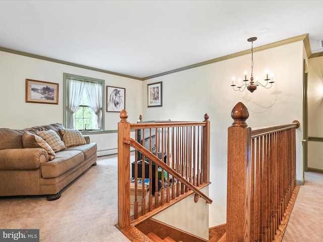 3622 Pricetown Rd, Fleetwood, PA 19522 - carpeted living room featuring a chandelier, ornamental molding, a baseboard heating unit, and baseboards
