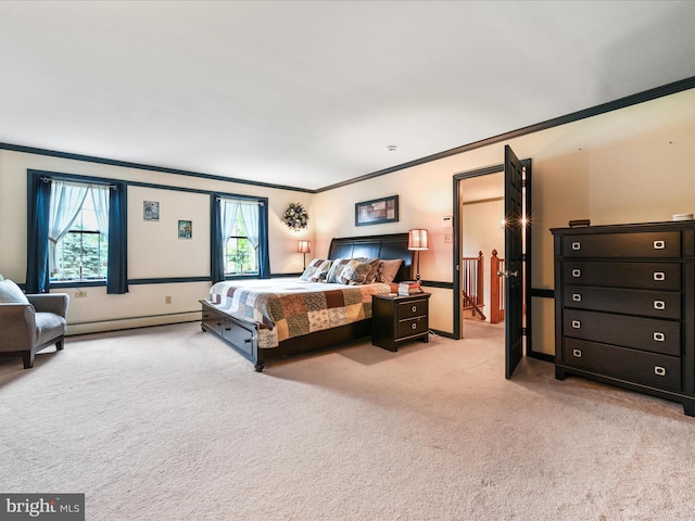 3622 Pricetown Rd, Fleetwood, PA 19522 - bedroom with ornamental molding, a baseboard radiator, light colored carpet, and baseboards