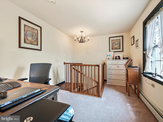3622 Pricetown Rd, Fleetwood, PA 19522 - office featuring a baseboard radiator, a chandelier, and carpet floors
