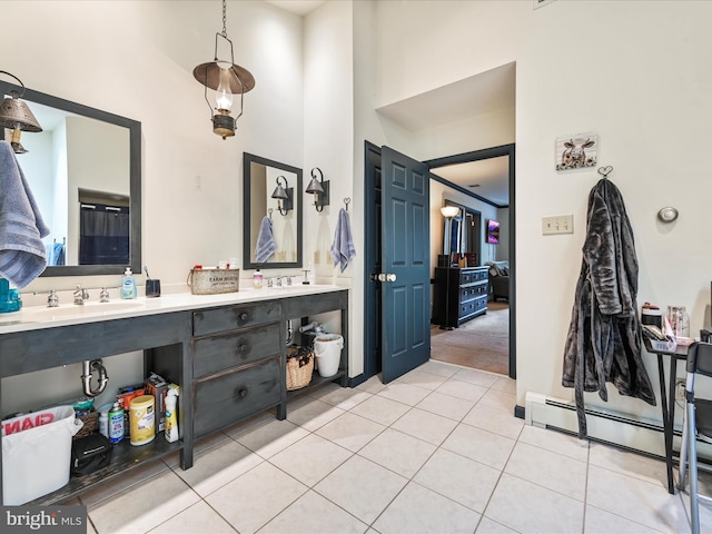 3622 Pricetown Rd, Fleetwood, PA 19522 - bathroom with double vanity, tile patterned floors, a towering ceiling, and baseboard heating