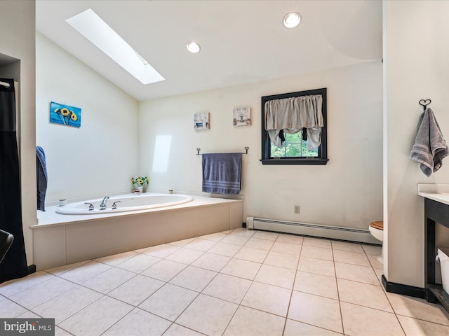 3622 Pricetown Rd, Fleetwood, PA 19522 - full bathroom featuring a skylight, a baseboard heating unit, a bath, lofted ceiling, and toilet