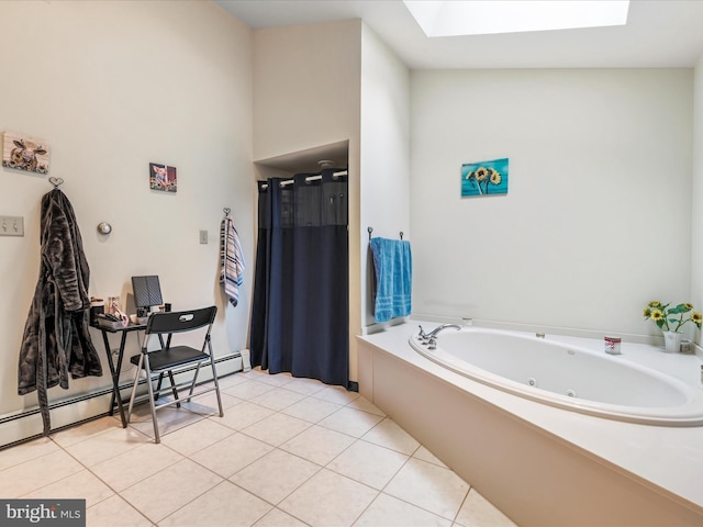 3622 Pricetown Rd, Fleetwood, PA 19522 - bathroom featuring a skylight, a baseboard heating unit, a jetted tub, tile patterned floors, and a shower with curtain