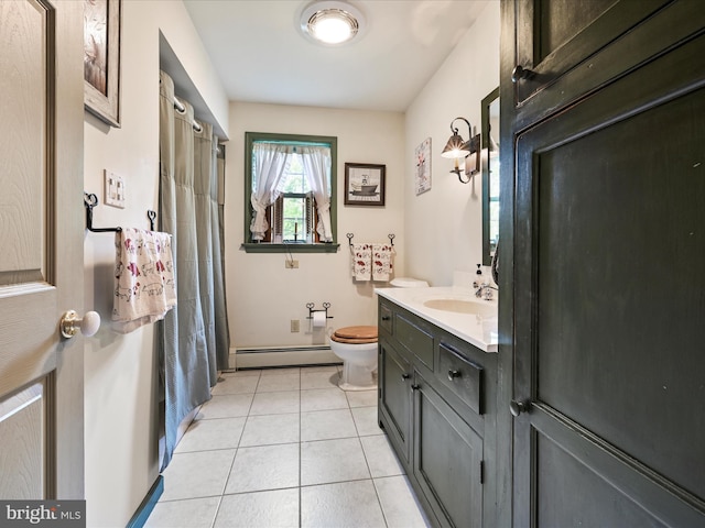 3622 Pricetown Rd, Fleetwood, PA 19522 - full bath featuring baseboard heating, vanity, toilet, tile patterned floors, and curtained shower