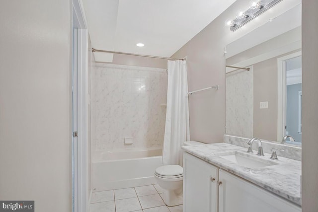 5257 Ferry Branch Ln, Lothian, MD 20711 - bathroom with tile patterned flooring, shower / bathtub combination with curtain, vanity, toilet, and recessed lighting