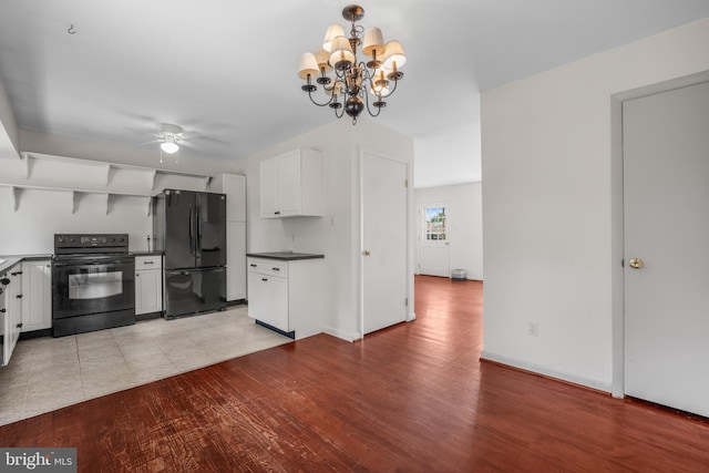 807 Fulton Pl, Woodbridge, VA 22191 - kitchen featuring black appliances, open shelves, dark countertops, ceiling fan, and white cabinets