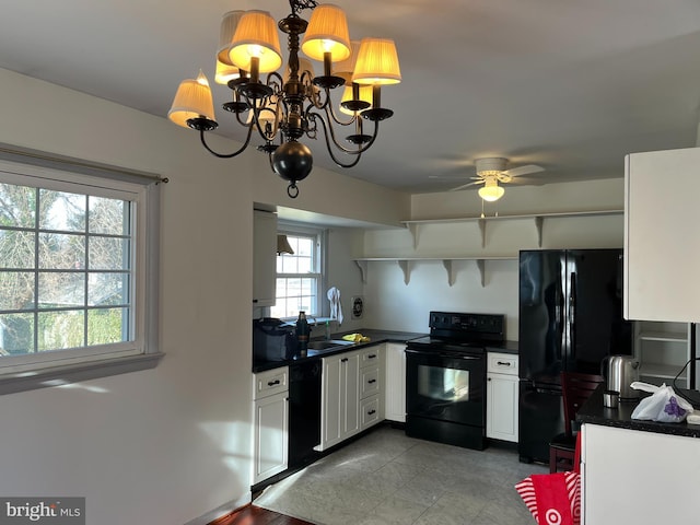 807 Fulton Pl, Woodbridge, VA 22191 - kitchen with black appliances, dark countertops, white cabinetry, open shelves, and ceiling fan