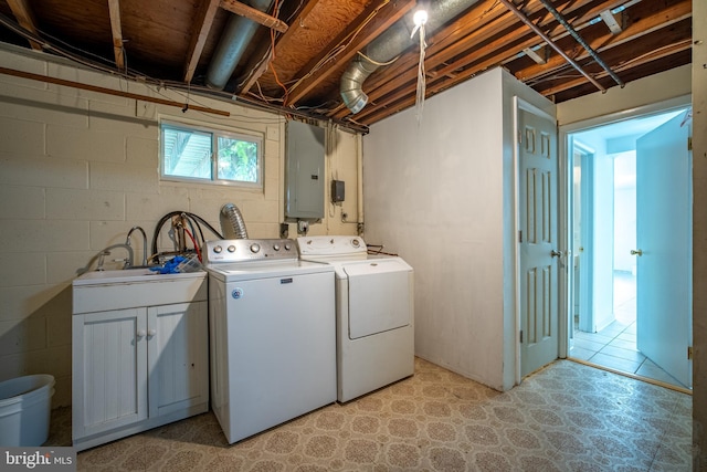 807 Fulton Pl, Woodbridge, VA 22191 - laundry room with washing machine and dryer, electric panel, light floors, cabinet space, and concrete block wall