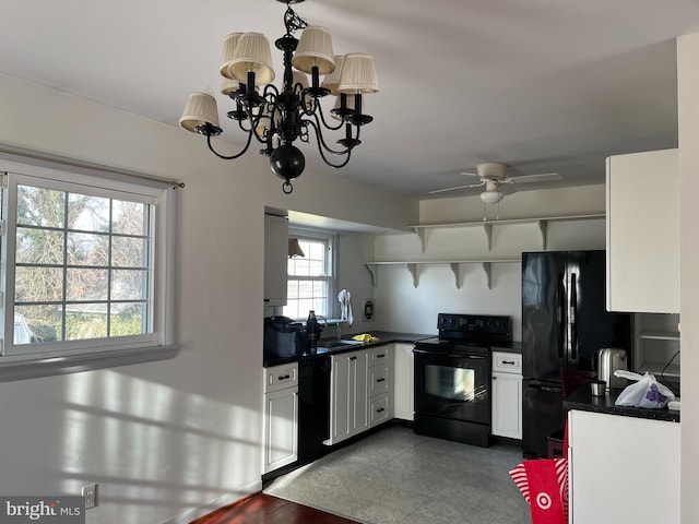 807 Fulton Pl, Woodbridge, VA 22191 - kitchen with black appliances, dark countertops, white cabinetry, a ceiling fan, and open shelves
