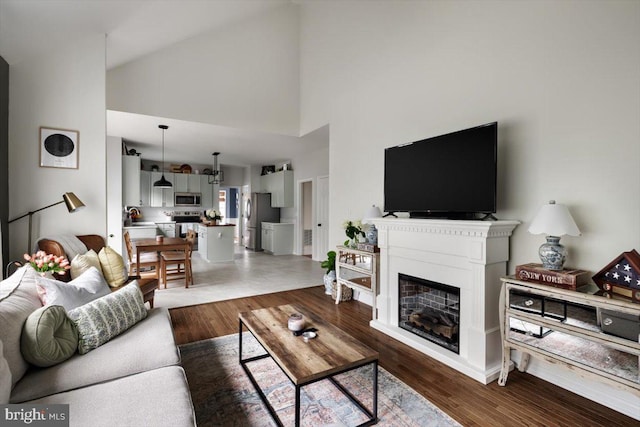 47 Orleans Dr, Shepherdstown, WV 25443 - living area featuring high vaulted ceiling, a fireplace, and wood finished floors
