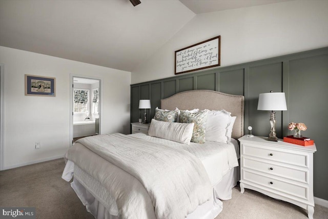 47 Orleans Dr, Shepherdstown, WV 25443 - bedroom with light colored carpet, vaulted ceiling, and ensuite bath