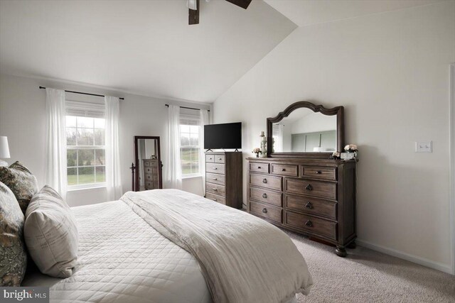47 Orleans Dr, Shepherdstown, WV 25443 - bedroom with vaulted ceiling, light carpet, baseboards, and ceiling fan