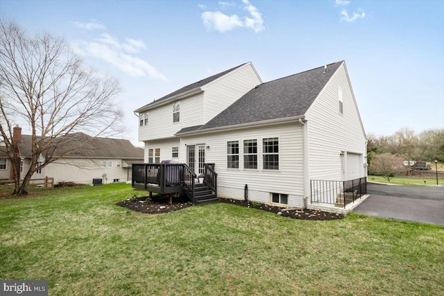 47 Orleans Dr, Shepherdstown, WV 25443 - back of property with a deck, an attached garage, a yard, driveway, and cooling unit