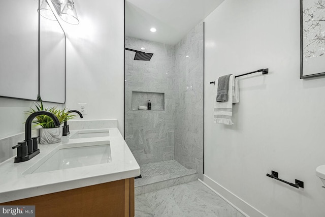 full bathroom with walk in shower, baseboards, toilet, marble finish flooring, and recessed lighting
