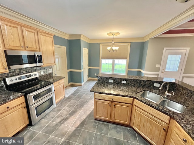 126 Greenway St, Fredericksburg, VA 22405 - kitchen featuring appliances with stainless steel finishes, a sink, a chandelier, light brown cabinets, and crown molding