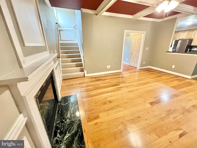 126 Greenway St, Fredericksburg, VA 22405 - unfurnished living room featuring light wood-style flooring, a ceiling fan, crown molding, baseboards, and stairway