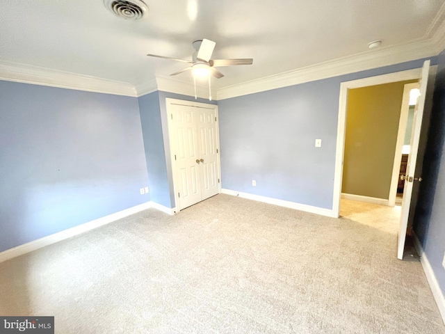 126 Greenway St, Fredericksburg, VA 22405 - unfurnished bedroom featuring ornamental molding, light colored carpet, baseboards, a closet, and ceiling fan