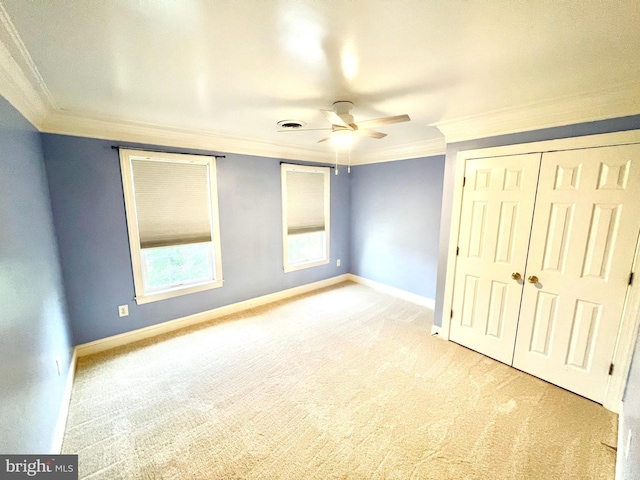 126 Greenway St, Fredericksburg, VA 22405 - unfurnished bedroom with ornamental molding, carpet floors, baseboards, a closet, and ceiling fan