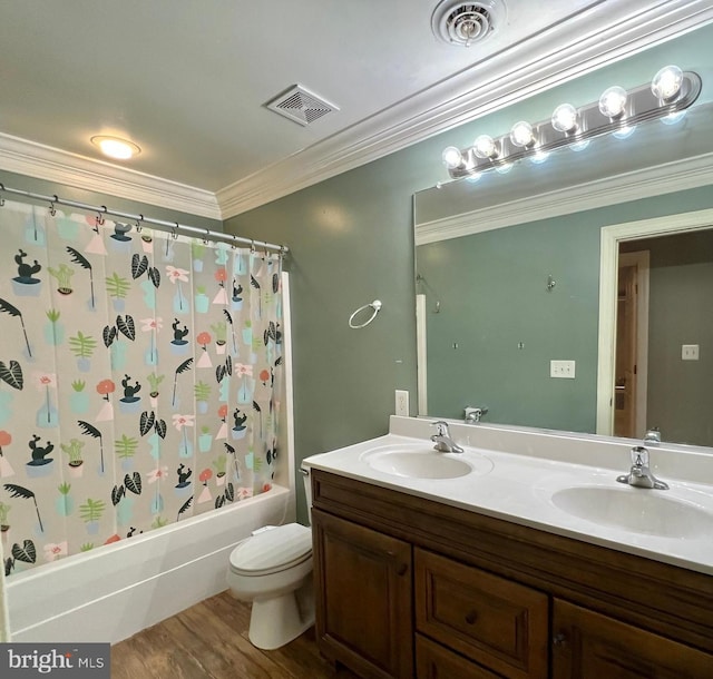 126 Greenway St, Fredericksburg, VA 22405 - bathroom with double vanity, toilet, shower / bath combination with curtain, crown molding, and wood finished floors