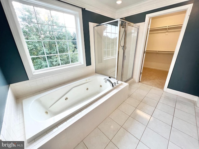 126 Greenway St, Fredericksburg, VA 22405 - full bath featuring a stall shower, a jetted tub, tile patterned flooring, crown molding, and a walk in closet