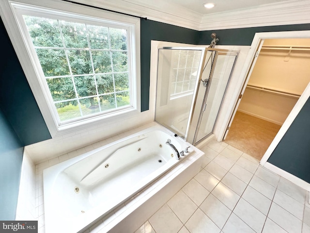 126 Greenway St, Fredericksburg, VA 22405 - full bathroom with plenty of natural light, a stall shower, a whirlpool tub, tile patterned flooring, and ornamental molding