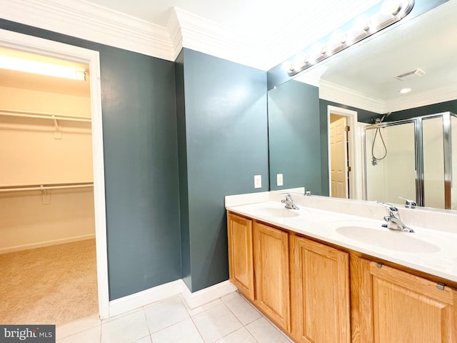 126 Greenway St, Fredericksburg, VA 22405 - full bath featuring a shower stall, double vanity, crown molding, tile patterned floors, and baseboards