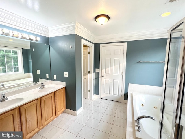 126 Greenway St, Fredericksburg, VA 22405 - bathroom featuring a jetted tub, double vanity, tile patterned flooring, baseboards, and ornamental molding