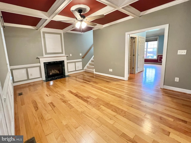 126 Greenway St, Fredericksburg, VA 22405 - unfurnished living room with coffered ceiling, light wood-style floors, a ceiling fan, stairway, and a premium fireplace