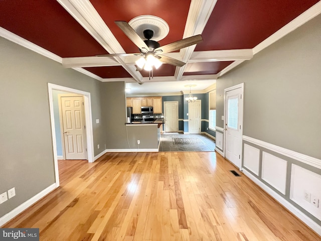 126 Greenway St, Fredericksburg, VA 22405 - unfurnished living room featuring a chandelier, coffered ceiling, light wood-type flooring, a ceiling fan, and beamed ceiling