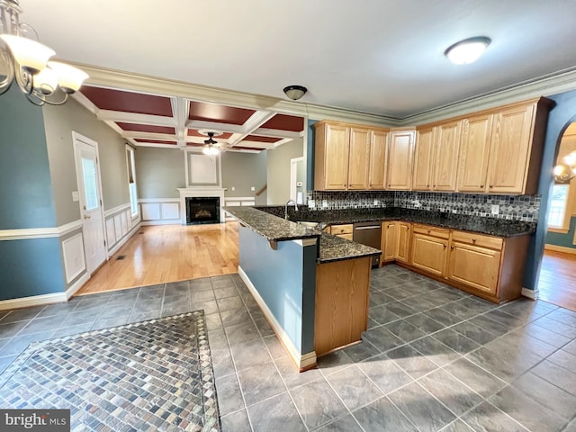 126 Greenway St, Fredericksburg, VA 22405 - kitchen featuring a fireplace, dishwasher, coffered ceiling, a peninsula, and ceiling fan