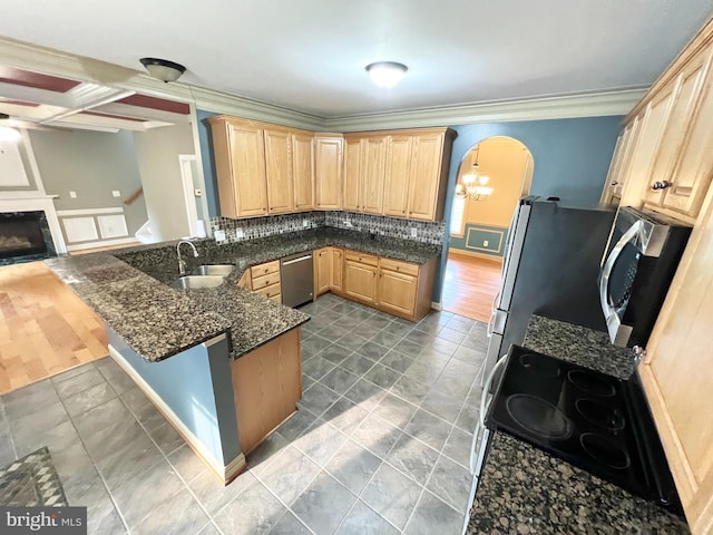 126 Greenway St, Fredericksburg, VA 22405 - kitchen featuring a sink, light brown cabinetry, a peninsula, stainless steel dishwasher, and electric range oven