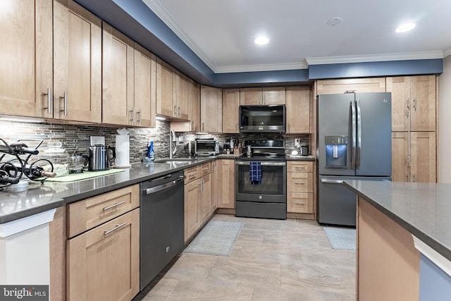 7414 Golden Horseshoe Ct, Springfield, VA 22153 - kitchen featuring appliances with stainless steel finishes, ornamental molding, tasteful backsplash, light brown cabinets, and recessed lighting