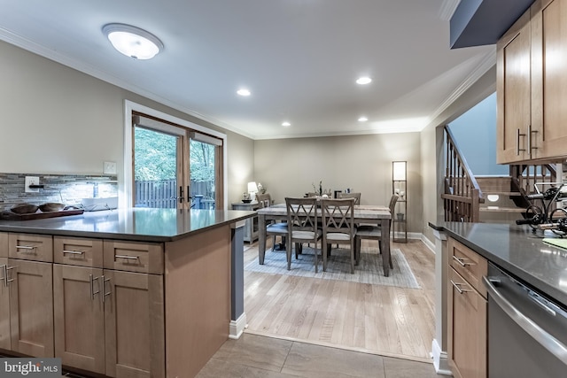 7414 Golden Horseshoe Ct, Springfield, VA 22153 - kitchen with dishwasher, dark countertops, backsplash, ornamental molding, and recessed lighting