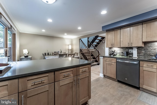 7414 Golden Horseshoe Ct, Springfield, VA 22153 - kitchen featuring stainless steel dishwasher, dark countertops, ornamental molding, decorative backsplash, and recessed lighting
