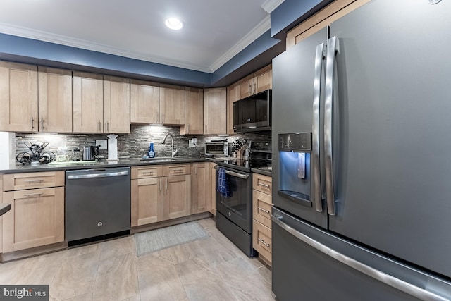 7414 Golden Horseshoe Ct, Springfield, VA 22153 - kitchen featuring appliances with stainless steel finishes, ornamental molding, light brown cabinets, dark countertops, and recessed lighting