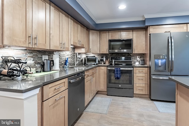 7414 Golden Horseshoe Ct, Springfield, VA 22153 - kitchen with stainless steel appliances, crown molding, dark countertops, light brown cabinets, and backsplash