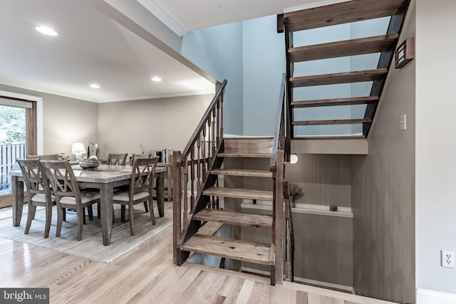 7414 Golden Horseshoe Ct, Springfield, VA 22153 - stairway featuring wood finished floors, ornamental molding, and recessed lighting