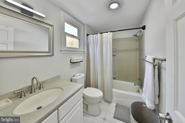 100 Shenandoah Rd, Cinnaminson, NJ 08077 - bathroom featuring tile patterned flooring, toilet, vanity, and shower / bathtub combination with curtain