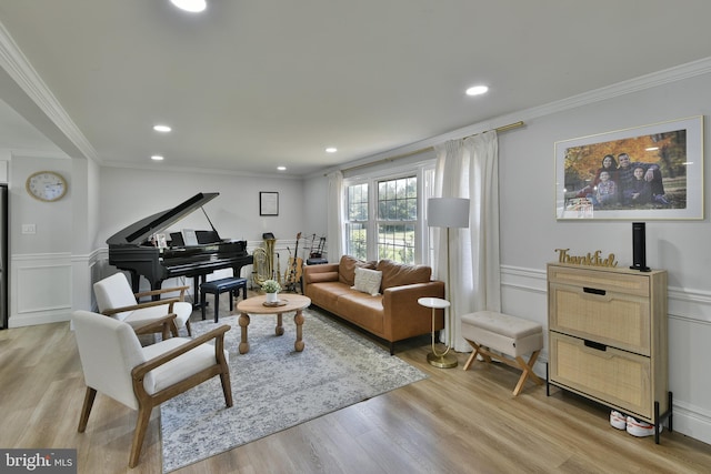 100 Shenandoah Rd, Cinnaminson, NJ 08077 - living area featuring ornamental molding, light wood-style floors, a decorative wall, recessed lighting, and wainscoting