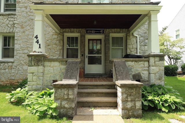 441-445 Ridge Ave, State College, PA 16803 - doorway to property with stone siding and a porch