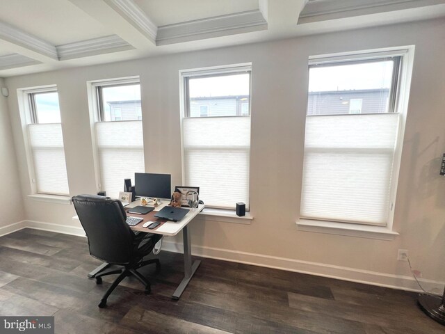 10407 Ratcliffe Trl, Manassas, VA 20110 - office with baseboards, dark wood finished floors, beam ceiling, crown molding, and coffered ceiling
