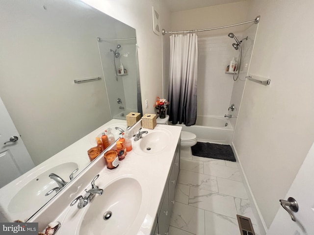 10407 Ratcliffe Trl, Manassas, VA 20110 - bathroom featuring marble look tile flooring, shower / tub combo with curtain, double vanity, toilet, and baseboards