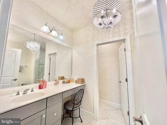 10407 Ratcliffe Trl, Manassas, VA 20110 - bathroom featuring a chandelier, a stall shower, marble look tile flooring, vanity, and baseboards
