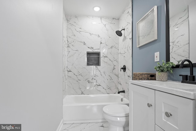 510 N Glover St, Baltimore, MD 21205 - bathroom featuring marble finish floors, toilet, shower / bathtub combination, vanity, and recessed lighting