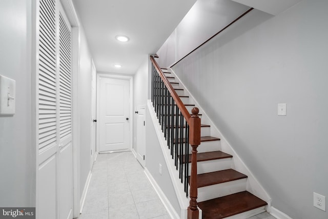 510 N Glover St, Baltimore, MD 21205 - stairway with recessed lighting, tile patterned flooring, and baseboards