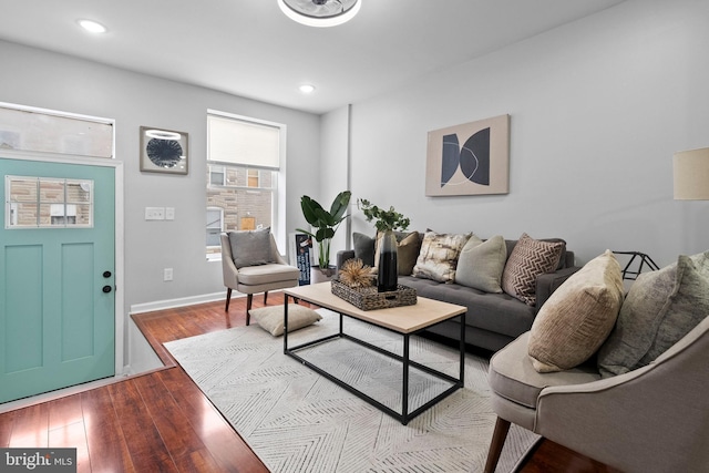 510 N Glover St, Baltimore, MD 21205 - living room with dark wood finished floors, baseboards, and recessed lighting