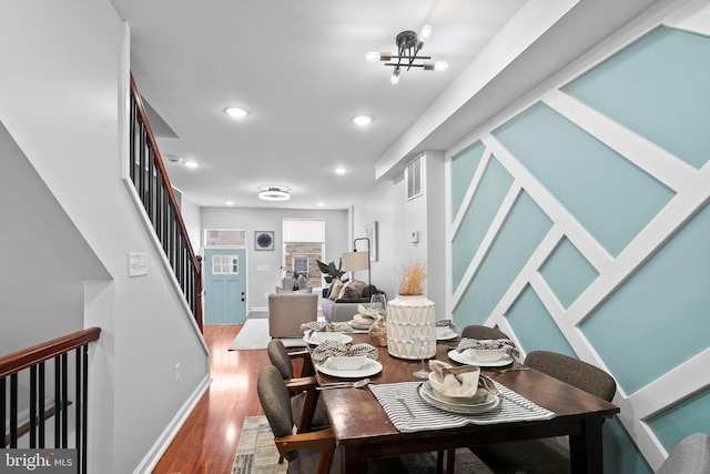 510 N Glover St, Baltimore, MD 21205 - dining space featuring stairs, wood finished floors, baseboards, recessed lighting, and a chandelier
