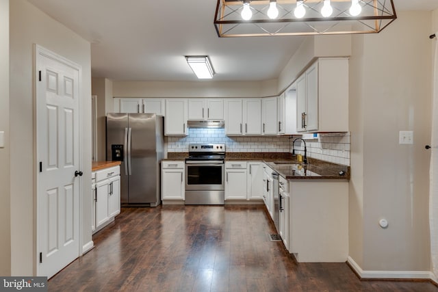 1451 Apple, Saint Leonard, MD 20685 - kitchen with stainless steel appliances, a sink, dark wood-style flooring, backsplash, and under cabinet range hood